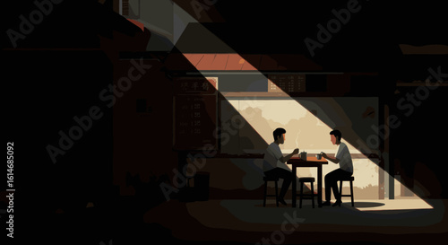 Two people sit and talk at a dimly lit kopi tiam (coffee shop), captured in a beam of light. This cinematic moment reflects daily life, simplicity, and human connection in Singaporean culture