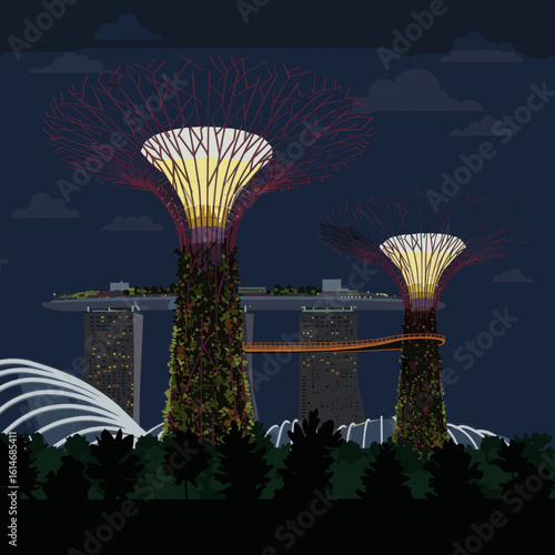 he iconic Supertrees of Singapore glow brightly in the night, symbolizing innovation, sustainability, and futuristic architecture in the heart of the city.