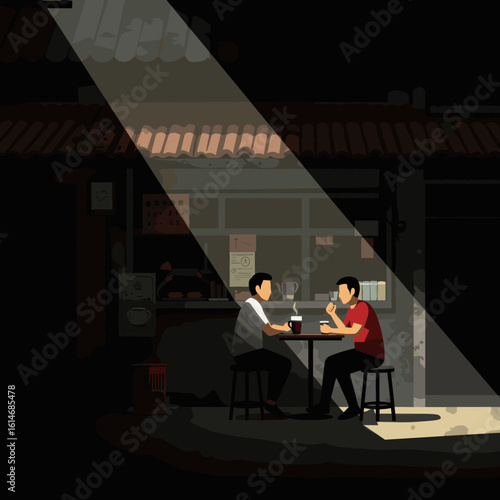 Two people sit and talk at a dimly lit kopi tiam (coffee shop), captured in a beam of light. This cinematic moment reflects daily life, simplicity, and human connection in Singaporean culture
