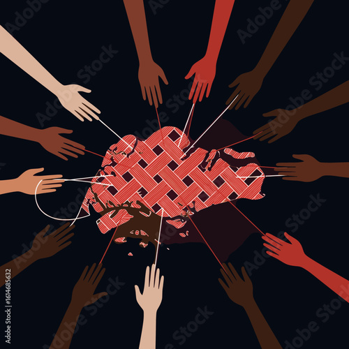 Diverse hands collaboratively weave together the fragmented shape of Singapore using red threads, symbolizing unity, multiculturalism, and the strength of working together to build a cohesive nation.