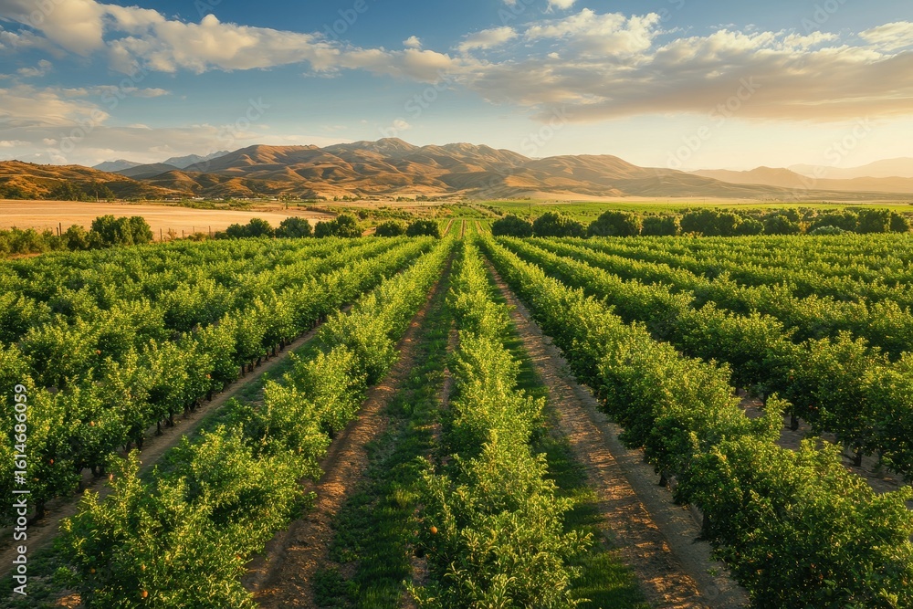 Fototapeta premium Majestic aerial view of pomegranate orchards flourishing under golden sunlight in a scenic landscape, Aerial shot of rows of pomegranate trees on a farm in Californias Central Valley