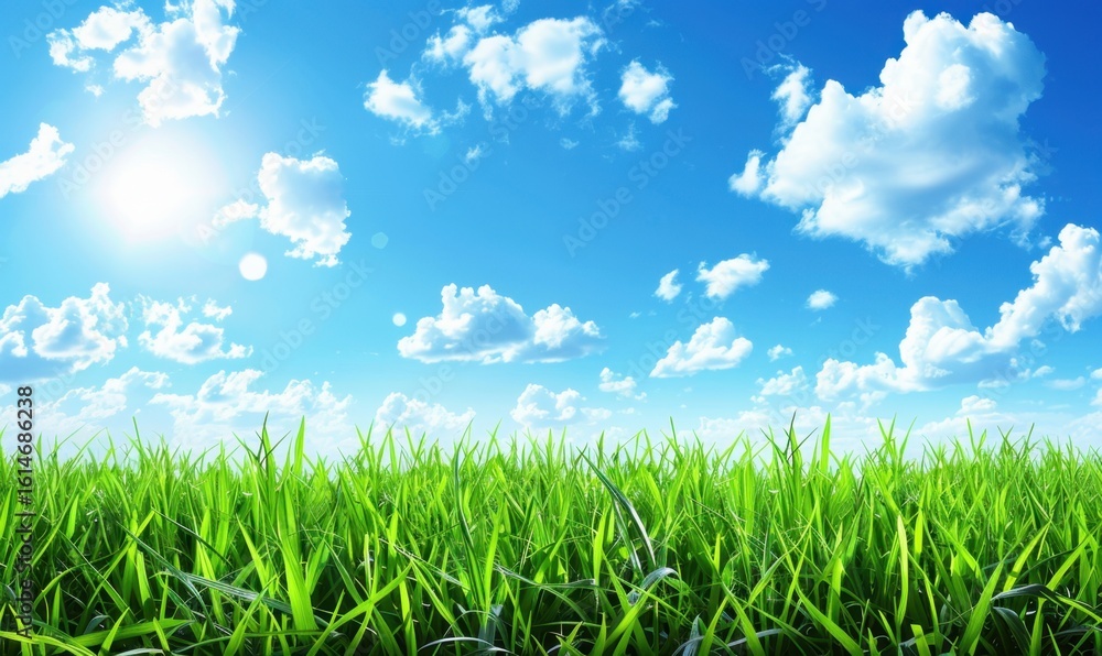 Fototapeta premium Lush green grass under bright blue sky with fluffy white clouds and sun