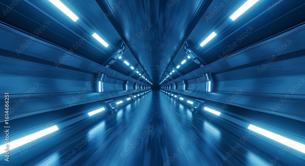 Obraz premium Futuristic tunnel background, glowing LED lights, motion blur, perspective depth, sci-fi corridor in metallic blue tones