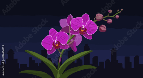 An illustration of the national flower of Singapore, the Vanda Miss Joaquim orchid, blooming vibrantly against a city skyline, symbolizing resilience and beauty.