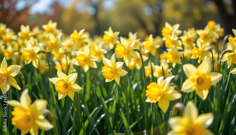 Vibrant Yellow Daffodils Blooming in a Sunny Garden Setting, Nature's Spring Beauty Vibrant Yellow Daffodils Blooming in a Sunny Garden Setting, Nature's Spring Beauty