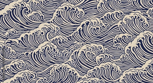 Fototapeta Naklejka Na Ścianę i Meble -  Dynamic navy blue and cream waves create a stunning, classic Japanese art pattern