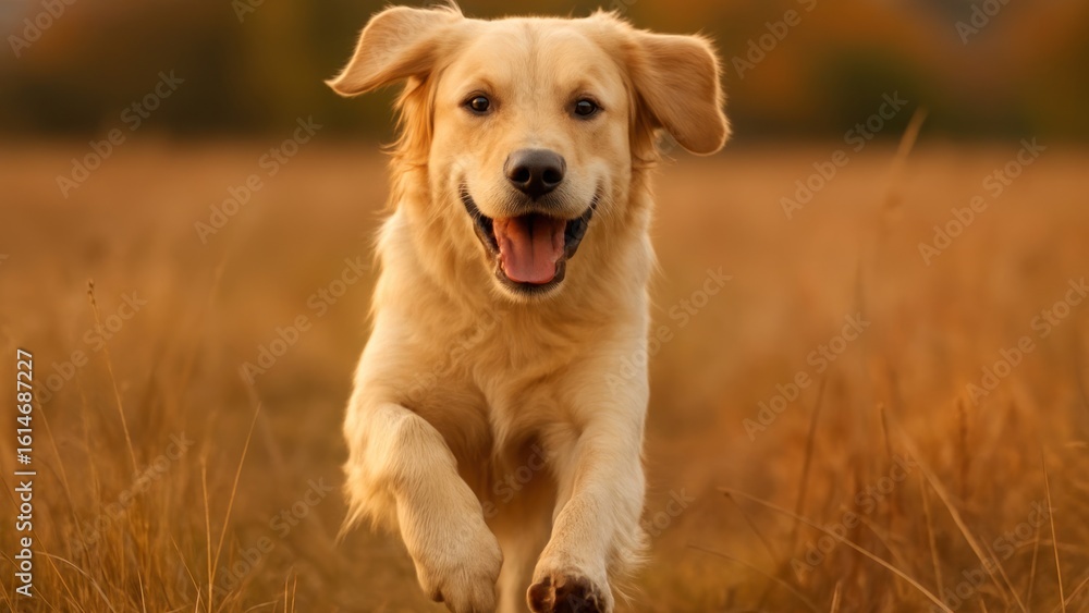 Joyful golden retriever running outdoors. Joyful golden retriever running outdoors.