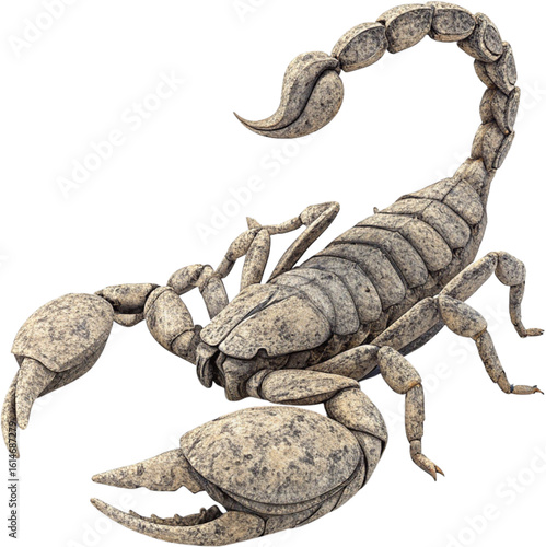 A close up illustration of a scorpion, showcasing its exoskeleton and distinct features in highly detailed and vibrant colors
