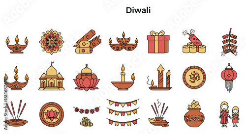 Diwali themed icons in flat style with traditional festive colors