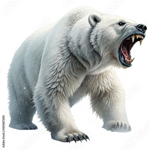 A powerful and realistic illustration of a roaring polar bear in the snow, with fine detail on its fur and muscular body