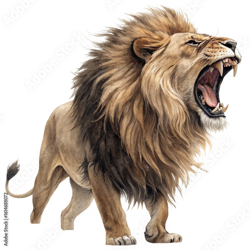 A majestic lion roaring in the wild, its powerful muscles and fierce expression captured with intricate details and lifelike textures