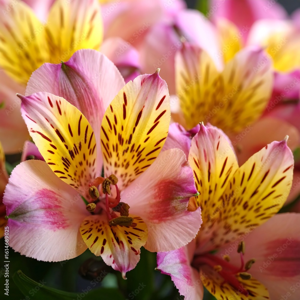 Fototapeta premium Close-up of pastel pink and yellow flowers