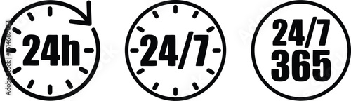 Continuous Service Black Icons 24h Clock Arrow, 24/7, 24/7 365, Isolated