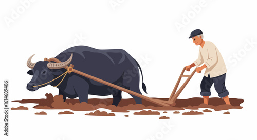 An illustration depicts a farmer plowing a muddy field with the help of a water buffalo.