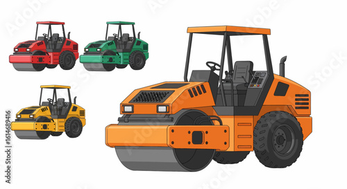 A collection of colorful road roller compactor illustrations, featuring a large orange vehicle and smaller red, green, and yellow versions.