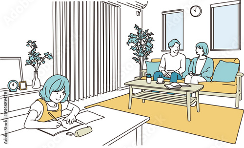 リビングで勉強する女の子とソファで寛ぐ夫婦のイラスト