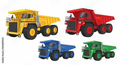 A set of four colorful, heavy-duty mining dump trucks in yellow, red, blue, and green.