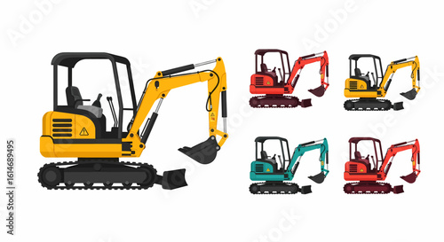 A set of colorful compact mini excavator illustrations shown in various color schemes.