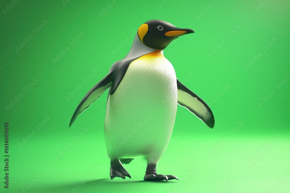 Naklejka premium Penguin walks swiftly on a green background showcasing its unique features and characteristics, Penguin Fast Walks Green Screen Front 3D Rendering