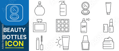 Beauty bottle icon vector set. Skincare collection icons of cosmetic, beauty, makeup, lotion, sunscreen, perfume and more. Vector illustration.