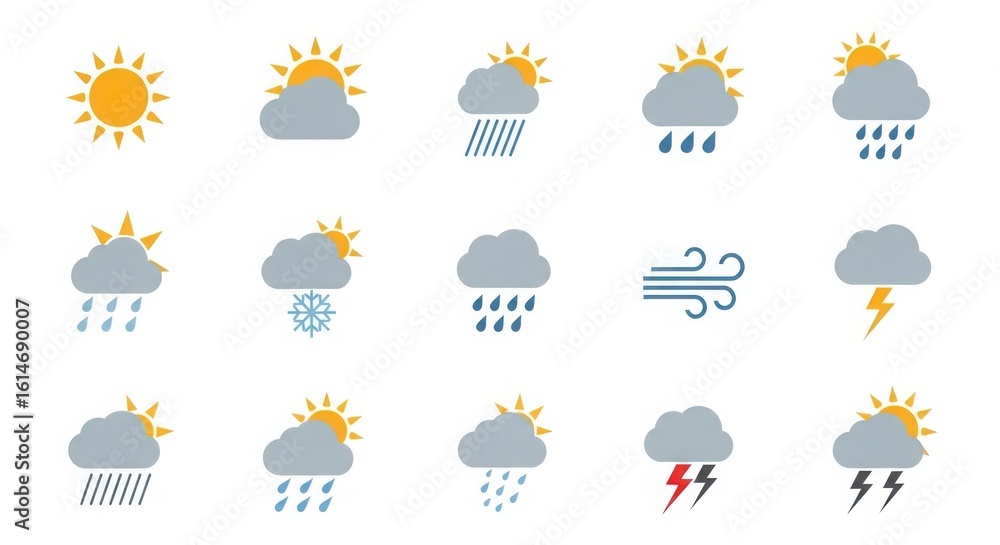 Obraz premium Collection of weather icons featuring sunny cloudy rainy snowy and stormy conditions in a silhouette style