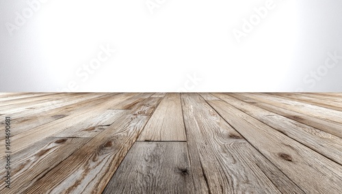 Perspective view of rustic light brown wood floor against a white wall