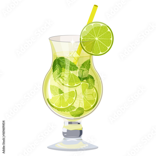 A delicious and refreshing cocktail made with lime and mint is the perfect drink for a summer party. The illustration shows a glass of the drink on an isolated background.