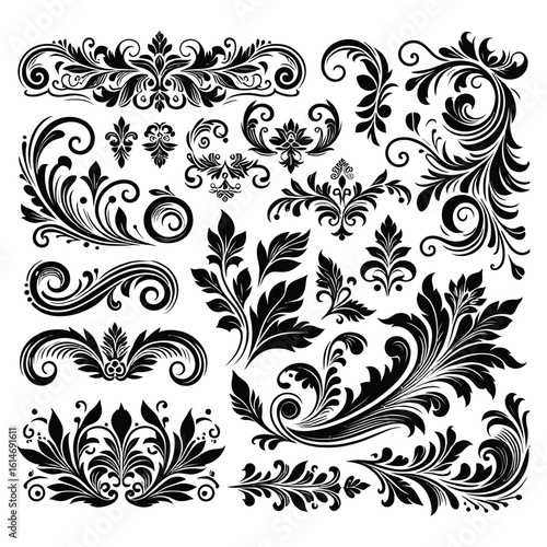 A collection of black floral vintage scroll ornaments and decorative flourishes