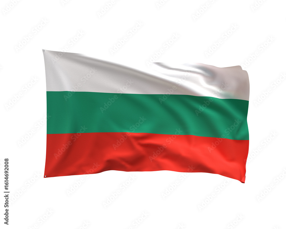 Obraz premium Bulgaria Flag: A vibrantly colored flag of Bulgaria, showcasing its distinctive horizontal stripes of white, green, and red, gently fluttering in the breeze. 