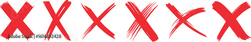 Red Brush Strokes, Cross Marks, Hand Drawn X Symbol Design on White Background
