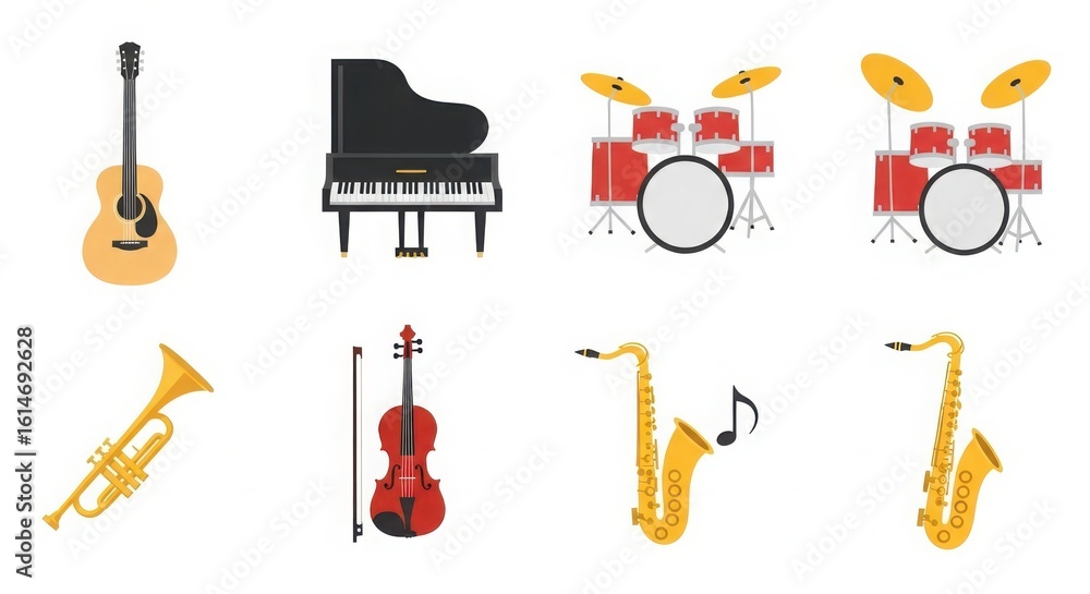 Obraz premium Collection of musical instruments including guitar piano drums violin trumpet and saxophone silhouette