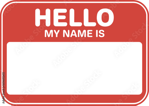 Red Hello My Name Is Tag with Transparent Background & Reflection On Surface