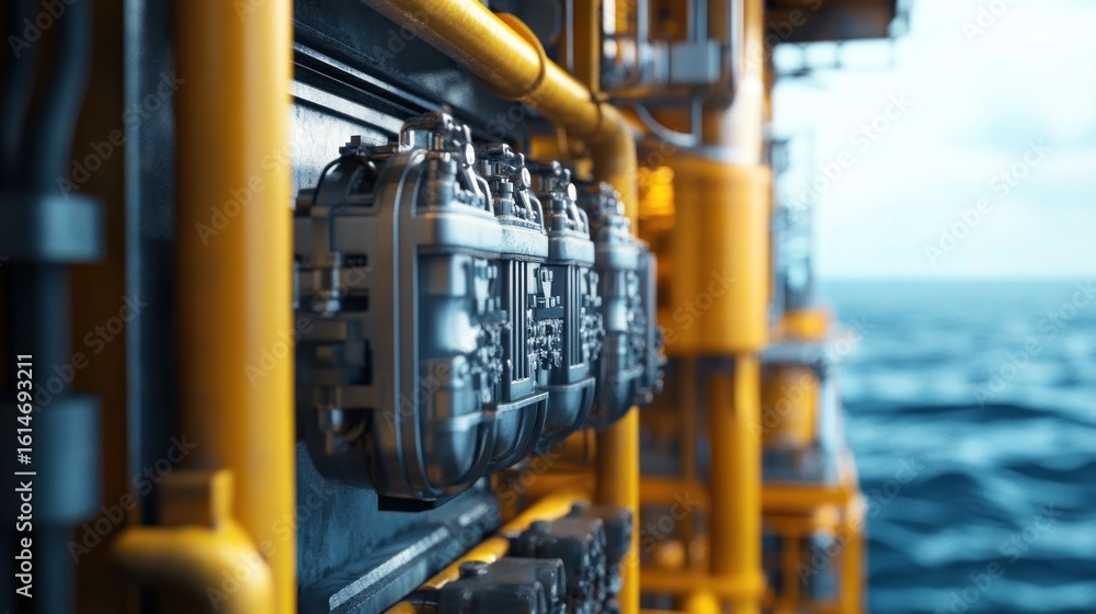 Offshore Oil Rig Equipment: Close-up of Industrial Machinery on a Platform at Sea Offshore Oil Rig Equipment: Close-up of Industrial Machinery on a Platform at Sea