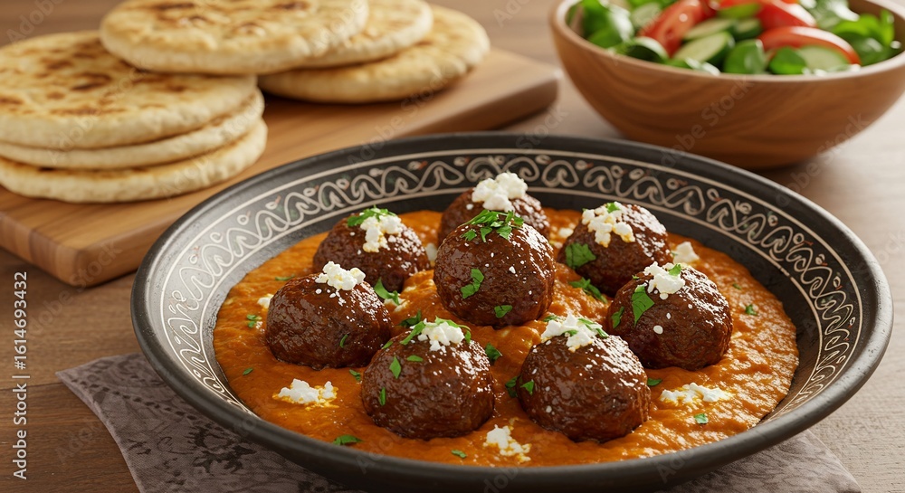 Delicious Meatballs with Sauce, Feta, Pita, and Salad, Gourmet Food. Delicious Meatballs with Sauce, Feta, Pita, and Salad, Gourmet Food.