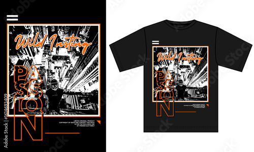 Black background T-shirt design concept with vector art illustration, perfect for men's casual fashion and clothing advertisements