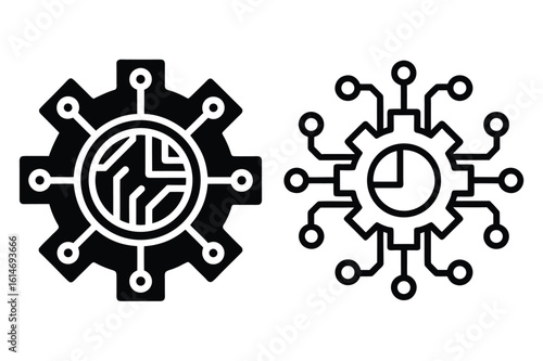 Black gear with circuit board and connected nodes icons technology connection
