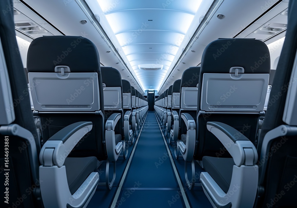 Obraz premium Empty airplane cabin with rows of seats