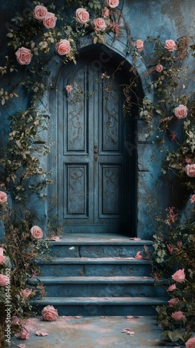 Arched Doorway with Stone Steps and Climbing Roses