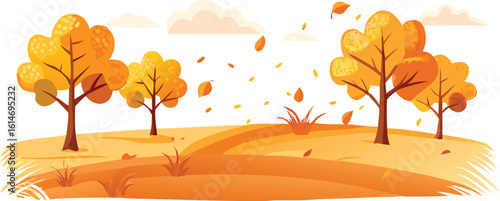 Golden Autumn Field with Colorful Leaves Gently Falling from the Trees