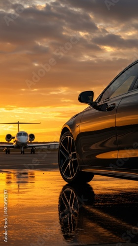 Luxury car parked near a private jet at sunset, vertical image