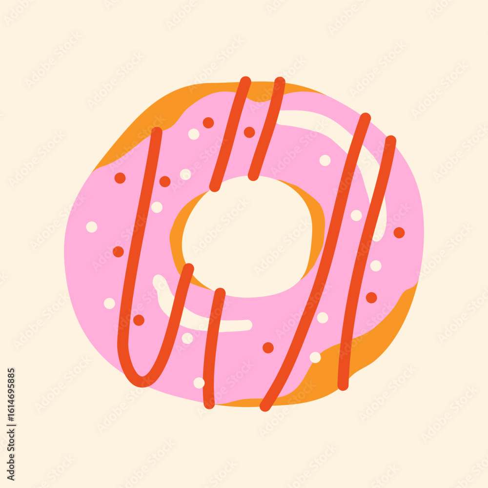 Fototapeta premium Donut with pink icing and confectioners sprinkles on light background; top view; cute simple vector hand drawn illustration, drawing, flat style