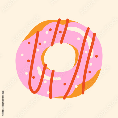 Donut with pink icing and confectioners sprinkles on light background; top view; cute simple vector hand drawn illustration, drawing, flat style