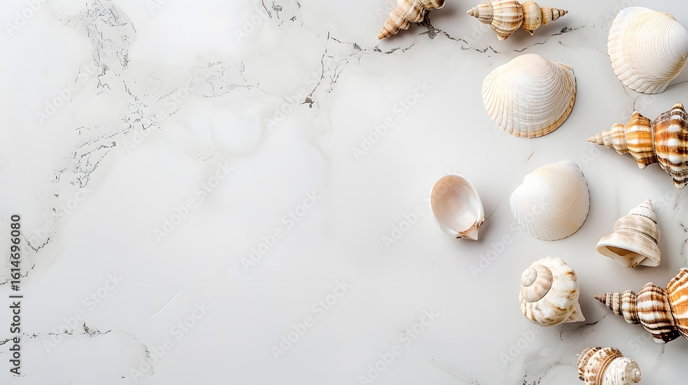 Obraz premium Assorted sea shells on white marble background, summer beach decoration, coastal style, marine collection, copy space, top view, flat lay