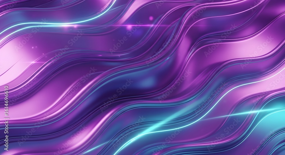 Fototapeta premium Futuristic holographic background, neon purple and cyan, glossy metallic texture, fluid waves and light flares, high-resolution abstract design