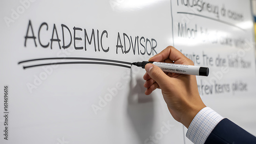 Hand writing academic advisor on whiteboard marker