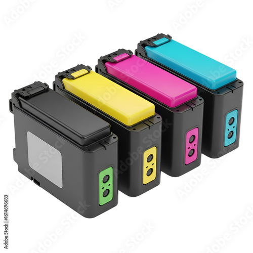 3d icon of four colorful ink cartridges, including black, yellow, magenta, and cyan, are neatly arranged for printing isolated on transparent background