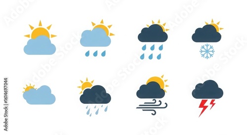 Collection of weather icons featuring sun clouds rain snow wind and lightning in a silhouette style