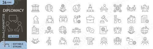 Diplomacy icons set. Includes icons for handshake, negotiation, agreement, embassy, peace, flag, document, communication, and international relations. Perfect for business and politics.