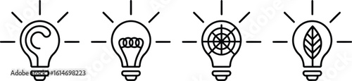 Four Lightbulb Icons With Unique Fillings Connected By Dashed Line, on White
