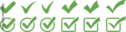 Green Check Mark Icon Set on White Background in Circle Square and Tick Style